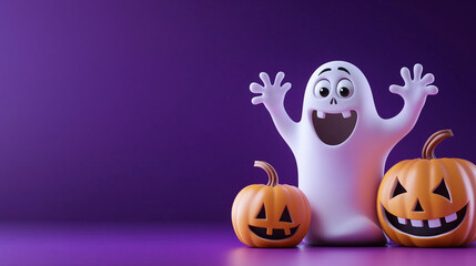 Playful ghost celebrating Halloween with pumpkins on purple background