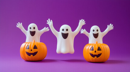 Three cheerful, cartoon-style white ghosts with big smiles and raised hands are joyfully floating over bright orange Jack-o'-lantern pumpkins.