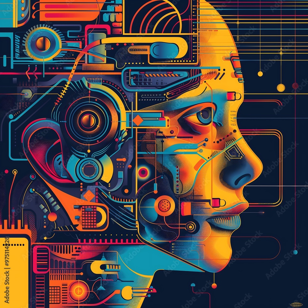 Aufkleber abstract digital portrait with colorful cyberpunk and artificial intelligence elements