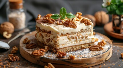   Close-up of a cake on a plate with pecans and a potted plant in the background