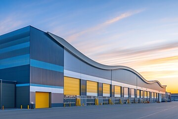 Obraz premium Modern industrial warehouse with curved design and equipment, captured at dawn or dusk