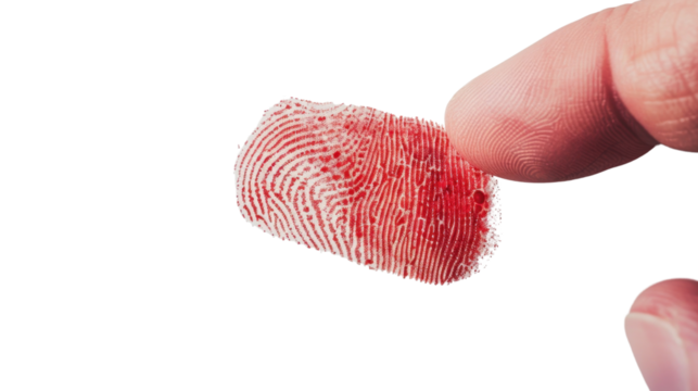 Finger with red fingerprint on transparent background