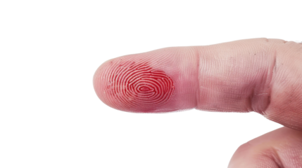 Finger with red fingerprint on transparent background