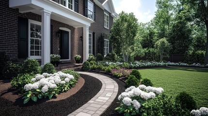 Naklejka premium A brick pathway leads to the front door of a house with a manicured lawn, white flowers, and shrubs.