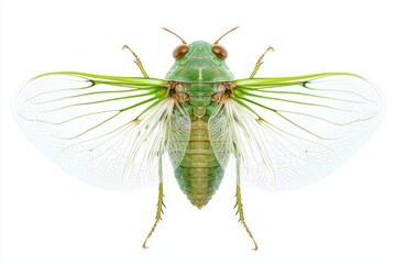 The cicada displays its transparent wings fully spread, revealing intricate body textures and unique wing structure, creating a striking visual against a white backdrop.