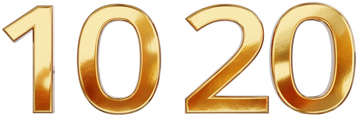 10 ten and 20 twenty, as years as jubilee or age or number, gold letters, font weight: bold, metallic golden bold letters, isolated