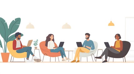 Fototapeta premium Four Diverse Individuals Working on Laptops in a Modern Office Setting