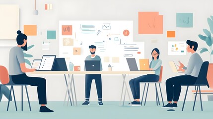 Four People Working Together at a Desk with Laptops