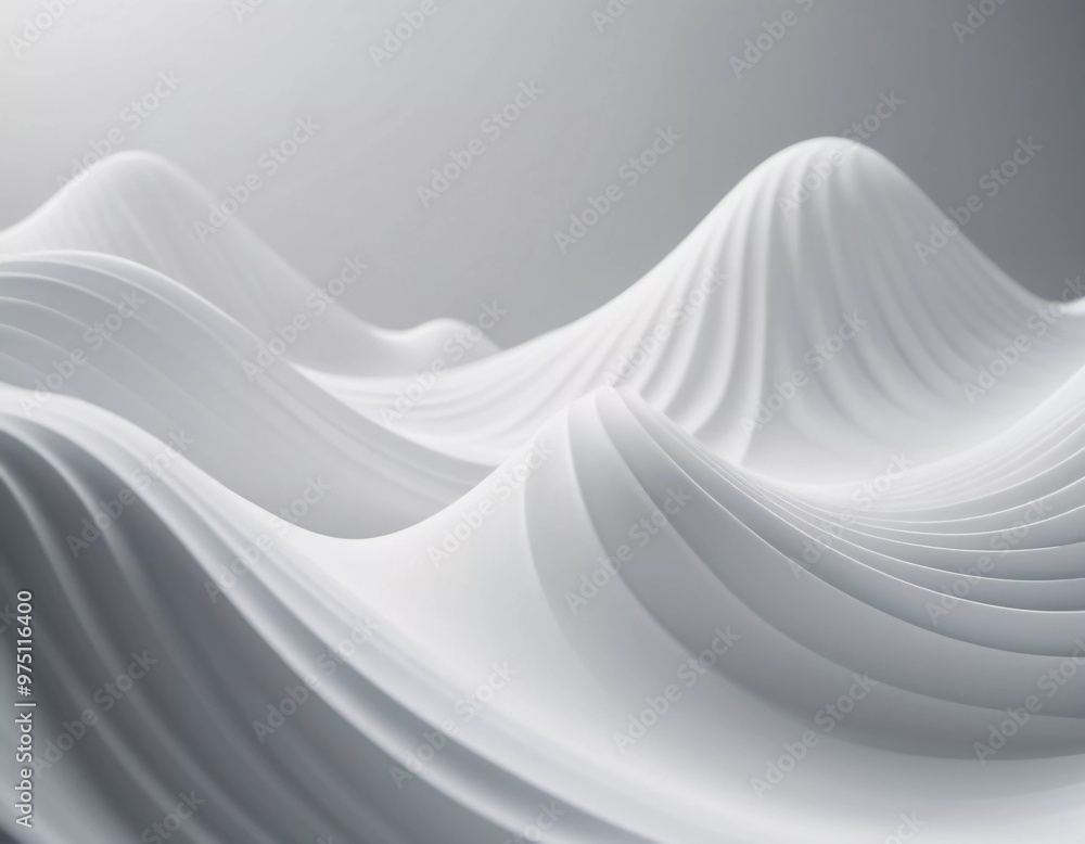 Poster flowing 3d waves in white and grey create a mesmerizing abstract pattern, featuring smooth curves an