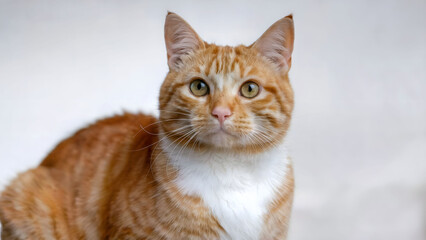 Fototapeta premium Close-up portrait of an orange tabby cat with white fur and expressive green eyes, against a soft neutral background