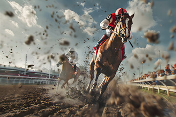 A dynamic scene of a jockey, dressed in red and black, racing fiercely on a horse, with dirt flying in the air at a thrilling horse race.