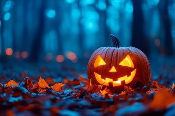 Spooky halloween background featuring a glowing jack o  lantern amidst autumn leaves and blue light