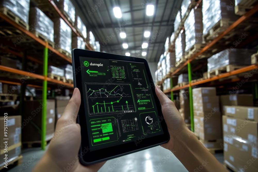 Poster a person holds a tablet showing warehouse management data visualizations in a busy warehouse setting