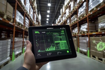 Person holding tablet with data visualizations in active warehouse surrounded by stacked goods