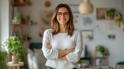 Portrait of a Smiling Woman with Arms Crossed in a Home Setting