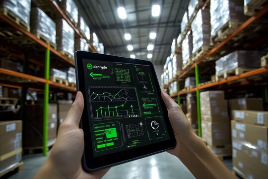 A person holds a tablet showing warehouse management data visualizations in a busy warehouse setting - Powered by Adobe