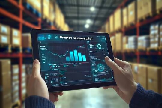 Modern warehouse management  digital tablet displaying logistics data in vibrant colors and graphics - Powered by Adobe