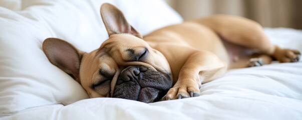 French bulldog sleeping peacefully on white bed