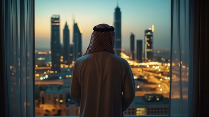 Arab man looking to skylines back view
