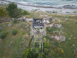 An old Soviet border tower in Neeme. Drone point of view.
