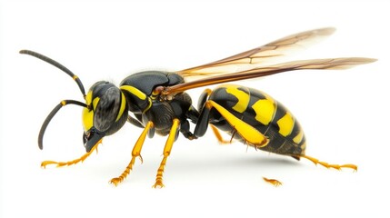 hornet stands poised on its legs, showcasing its impressive wings and dangerous stinger, while its distinctive yellow and black body contrasts sharply against a clean white background.