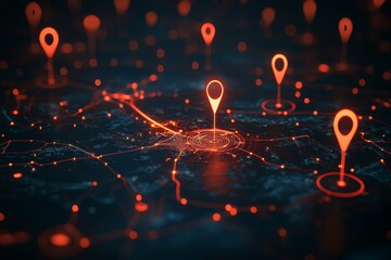 Abstract map with location pins on dark background illustrating ai and big data concepts