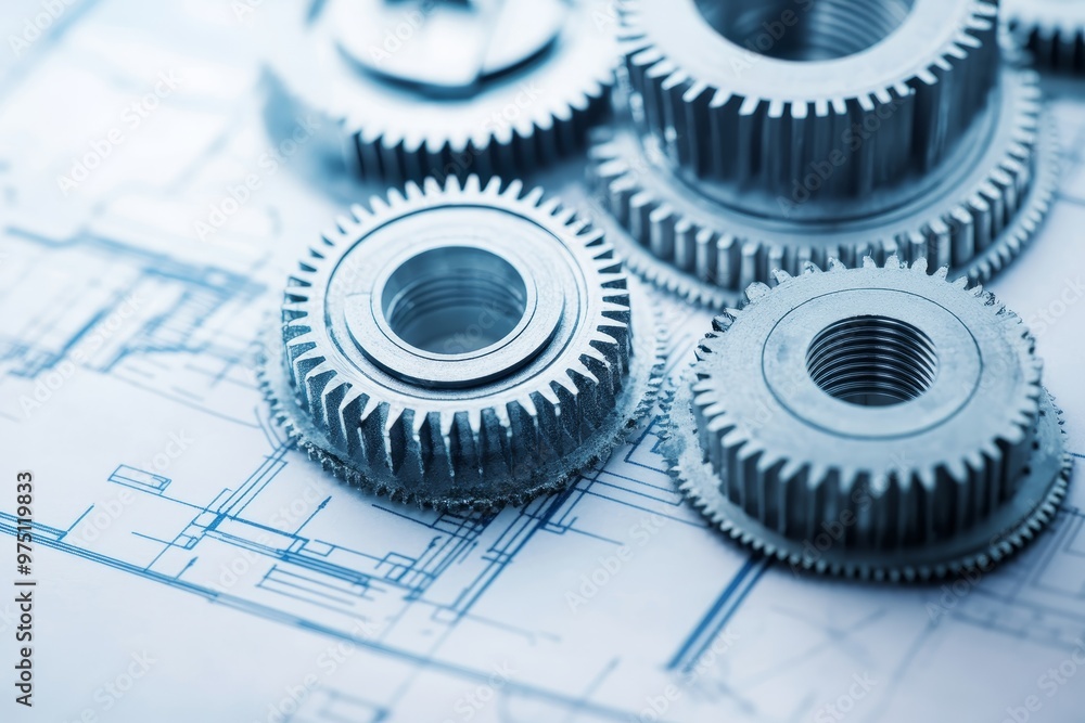 Aufkleber close up of mechanical gears and blueprints engineering design in innovative technology development