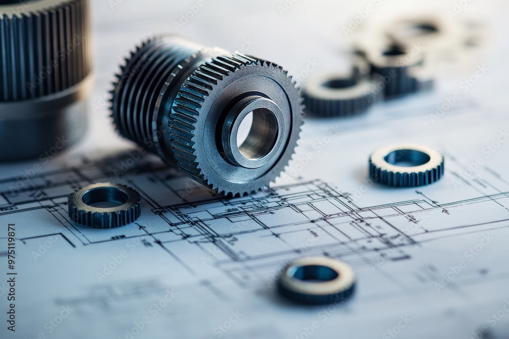 Poster mechanical gears and blueprints core elements of engineering design in innovative technology