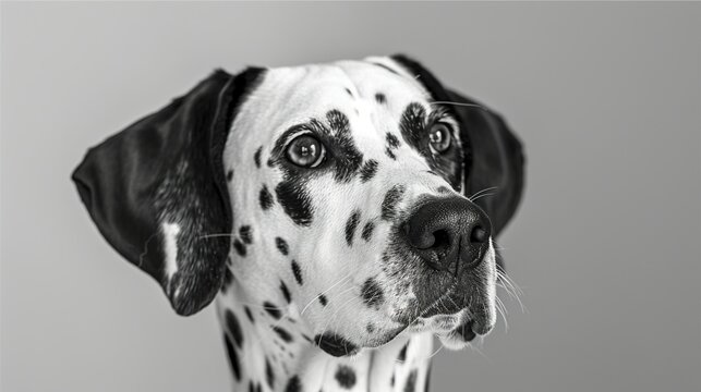   A monochromatic Dalmatian canine with facial spots glumly gazing at the camera