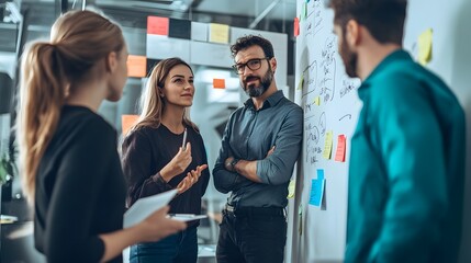 Three Professionals Discussing Business Strategy on a Whiteboard with Sticky Notes