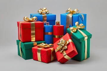 Fototapeta premium Vibrant Gift Wrapped Presents in Red Blue Green with Gold Ribbons on Isolated Background
