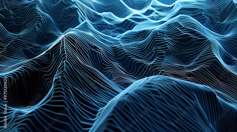 Poster abstract 3d rendering of blue lines creating wavy terrain. futuristic, technological, digital landsc