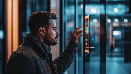 Man unlocks glass door in office building using advanced facial recognition technology