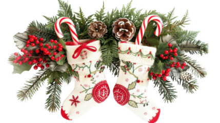Christmas stocking with Christmas pattern on transparent background