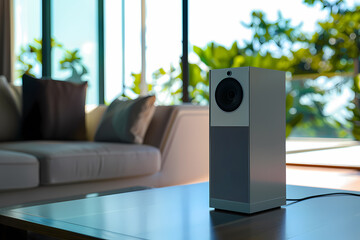 Modern gray speaker standing elegantly on a wooden table, with a bright, airy living room in the background, featuring large windows and lush greenery.