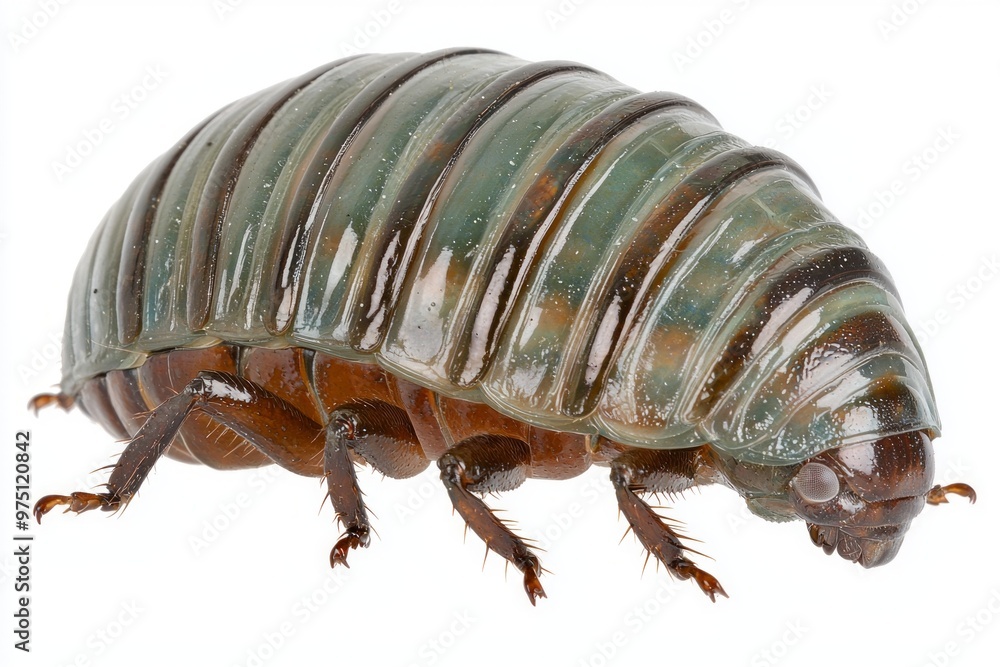 Poster captivating creature is a pill bug, intricately curled into a ball to shield itself. its segmented b