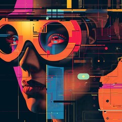 Woman Wearing VR Goggles in Futuristic Cyberspace Environment