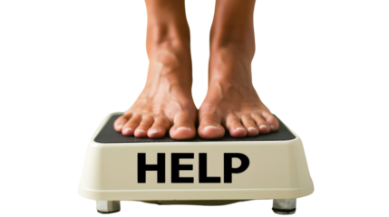 Feet on a bathroom scale with text HELP , losing weight , on transparent background