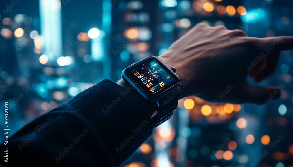 Poster smartwatch in action with urban landscape background and text area on the right side