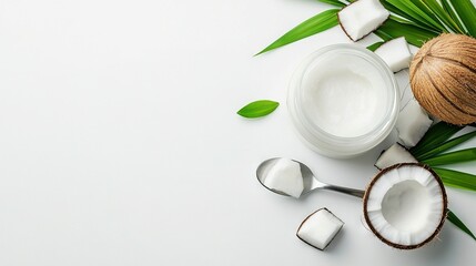  Coconuts, coconut oil, and coconut leaves on a white background, with a spoon and a jar of coconut oil