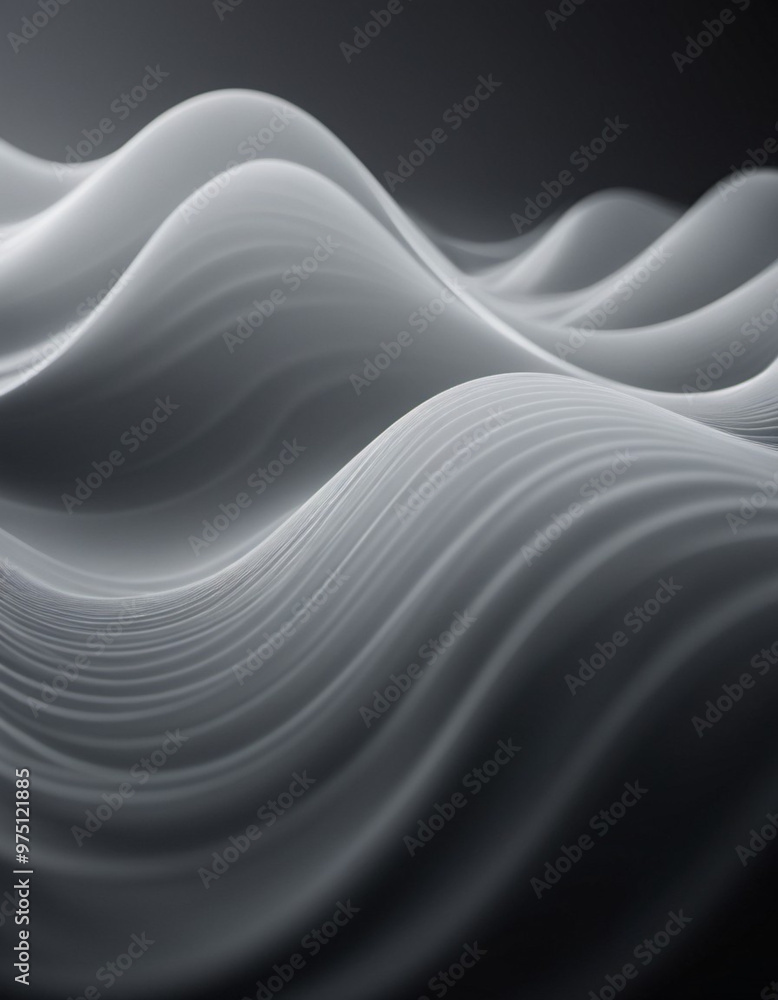 Poster flowing 3d waves in black and grey create a mesmerizing abstract pattern, featuring smooth curves an