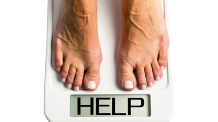 Feet on a bathroom scale with text HELP , losing weight , on transparent background