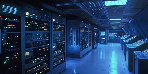 A dimly lit server room filled with equipment, showcasing technology and data processing capabilities.
