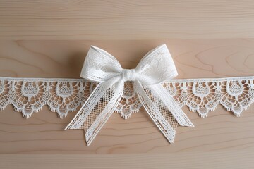 Elegant White Lace Ribbon with Stylish Bow on Rustic Wooden Background for Celebratory Occasions