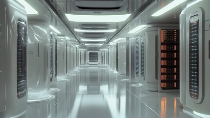 A futuristic corridor lined with sleek server cabinets, suggesting a high-tech data center environment.