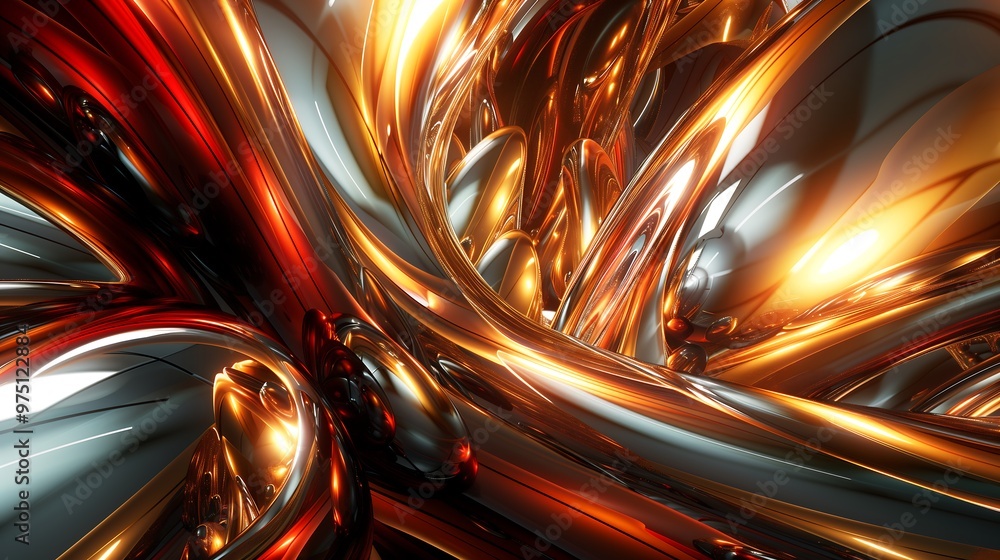 Poster abstract metallic 3d rendering with swirling gold, silver, and red shapes