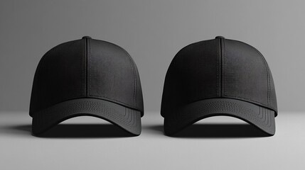 the Black baseball caps in a mockup with front and back views on a grey background, perfect for apparel design.