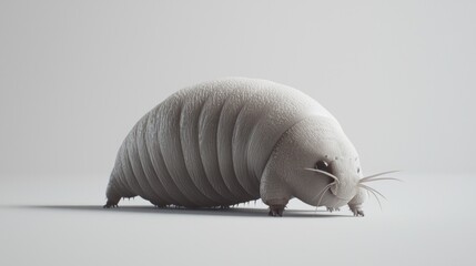 velvet worm glides gently over a pristine white background, its delicate, segmented body and small limbs vividly displayed, highlighting the beauty of this fascinating creature.