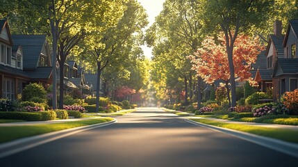 an Charming street of residential houses with a peaceful, suburban vibe, showcasing neighborhood life and architecture.