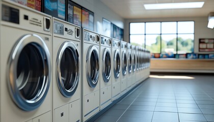 Realistic 3d rendering of industrial washing machines in a modern public laundromat setting